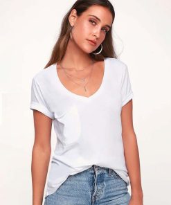 Solid Color V Neck Pocket  T ShirtTopsmainimage0Solid-Color-V-Neck-Pocket-Short-Sleeve-T-Shirt-Women-Summer-Simplicity-Tops-Casual-Loose-Streetwear
