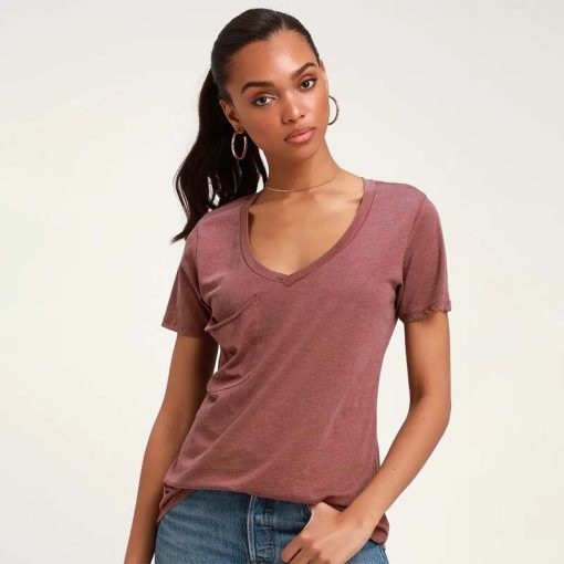 Solid Color V Neck Pocket  T ShirtTopsmainimage1Solid-Color-V-Neck-Pocket-Short-Sleeve-T-Shirt-Women-Summer-Simplicity-Tops-Casual-Loose-Streetwear