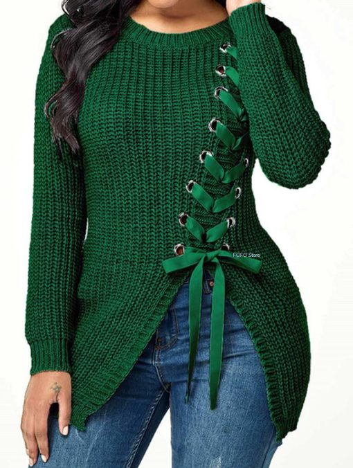 Lace Up Sexy Side Slit Knitted SweaterTopsmainimage2Sewater-Women-Autumn-Casual-Lace-Up-Sexy-Side-Slit-Solid-Clolor-Plus-Size-Loose-Pullover-Slim