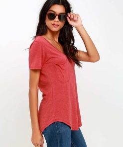 Solid Color V Neck Pocket  T ShirtTopsmainimage2Solid-Color-V-Neck-Pocket-Short-Sleeve-T-Shirt-Women-Summer-Simplicity-Tops-Casual-Loose-Streetwear