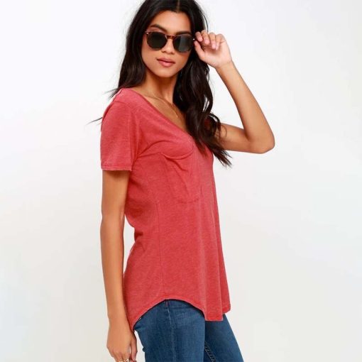 Solid Color V Neck Pocket  T ShirtTopsmainimage2Solid-Color-V-Neck-Pocket-Short-Sleeve-T-Shirt-Women-Summer-Simplicity-Tops-Casual-Loose-Streetwear