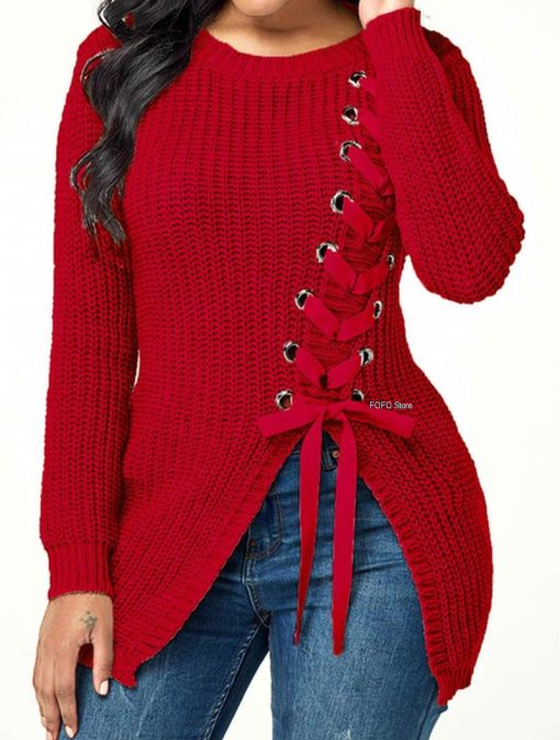 Lace Up Sexy Side Slit Knitted SweaterTopsmainimage3Sewater-Women-Autumn-Casual-Lace-Up-Sexy-Side-Slit-Solid-Clolor-Plus-Size-Loose-Pullover-Slim