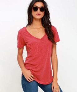 Solid Color V Neck Pocket  T ShirtTopsmainimage3Solid-Color-V-Neck-Pocket-Short-Sleeve-T-Shirt-Women-Summer-Simplicity-Tops-Casual-Loose-Streetwear