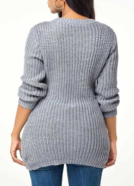 Lace Up Sexy Side Slit Knitted SweaterTopsmainimage4Sewater-Women-Autumn-Casual-Lace-Up-Sexy-Side-Slit-Solid-Clolor-Plus-Size-Loose-Pullover-Slim
