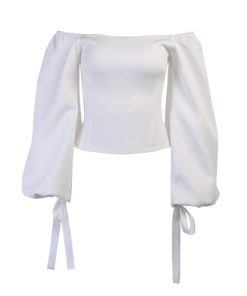 Sexy Slash Neck Lantern Sleeve ShirtTopsmainimage5Beyouare-Elegant-Women-s-T-Shirt-Sexy-Slash-Neck-Lantern-Sleeve-Bandage-Solid-White-Tops-2020