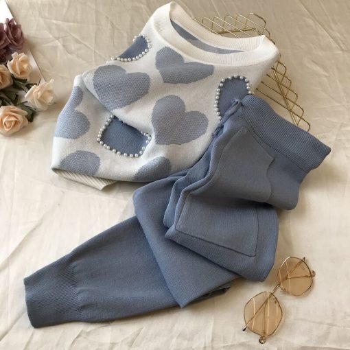 2 Piece Casual TracksuitBottomsvariantimage0Korean-summer-Love-printed-knitted-2-Piece-Set-Women-short-sleeve-beading-Sweater-tops-Capris-pants