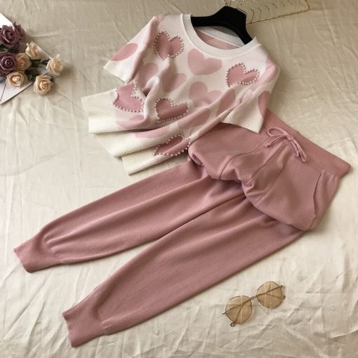 2 Piece Casual TracksuitBottomsvariantimage1Korean-summer-Love-printed-knitted-2-Piece-Set-Women-short-sleeve-beading-Sweater-tops-Capris-pants