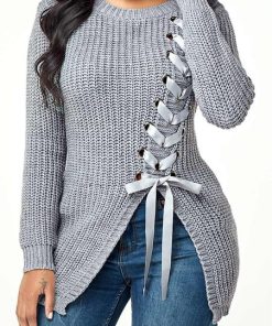 Lace Up Sexy Side Slit Knitted SweaterTopsvariantimage2Sewater-Women-Autumn-Casual-Lace-Up-Sexy-Side-Slit-Solid-Clolor-Plus-Size-Loose-Pullover-Slim