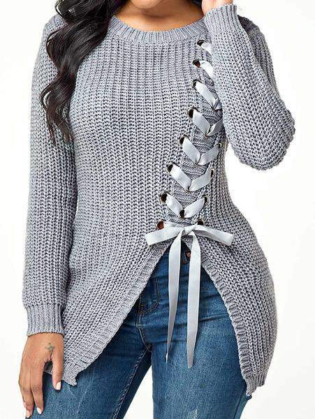 Lace Up Sexy Side Slit Knitted SweaterTopsvariantimage2Sewater-Women-Autumn-Casual-Lace-Up-Sexy-Side-Slit-Solid-Clolor-Plus-Size-Loose-Pullover-Slim