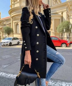 Double Breasted Long Blazer JacketTopsBlack-Blends-Women-Long-Coats-Tr