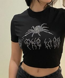 Spider Print Cute Black ShirtTopsmainimage0Punk-Vintage-Rhinestone-Spider-Goth-Graphic-T-Shirt-Women-Y2k-Style-Crop-Top-O-neck-Tshirt