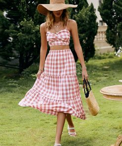 Holiday Two Piece Plaid DressDressesmainimage0Simplee-Holiday-straps-plaid-skirt-set-women-spring-summer-Sexy-keyhole-smock-two-piece-sets-pink