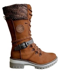 Women’s Warm Lace Up BootsBootsmainimage0Women-s-Winter-Side-pull-Lace-up-Knitted-Mid-tube-Boots-Low-heeled-Round-toe-Boots