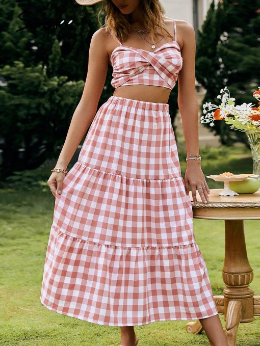 Holiday Two Piece Plaid DressDressesmainimage1Simplee-Holiday-straps-plaid-skirt-set-women-spring-summer-Sexy-keyhole-smock-two-piece-sets-pink-1
