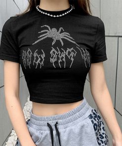 Spider Print Cute Black ShirtTopsmainimage2Punk-Vintage-Rhinestone-Spider-Goth-Graphic-T-Shirt-Women-Y2k-Style-Crop-Top-O-neck-Tshirt-1