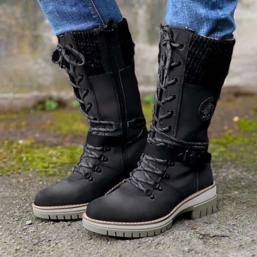 Women’s Warm Lace Up BootsBootsmainimage2Women-s-Winter-Side-pull-Lace-up-Knitted-Mid-tube-Boots-Low-heeled-Round-toe-Boots