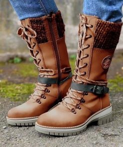 Women’s Warm Lace Up BootsBootsmainimage3Women-s-Winter-Side-pull-Lace-up-Knitted-Mid-tube-Boots-Low-heeled-Round-toe-Boots