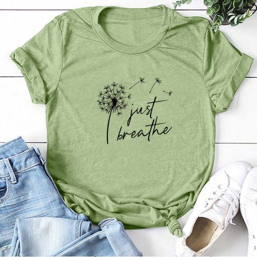 Dandelion Just Breathe Printed T-ShirtTopsmainimage4Dandelion-Just-Breathe-Printed-T-shirts-Women-Summer-Shirts-for-Women-Sleeve-Graphic-Tee-Harajuku-Crew