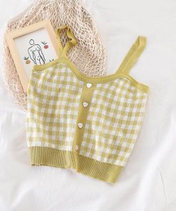 Cute Knitted Tank TopsTopsmainimage4HELIAR-Women-Plaid-Crop-Tops-Buttons-Camis-Knitting-Cute-Tank-Tops-Ladies-Sleeveless-Solid-Crop-Tops