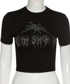 Spider Print Cute Black ShirtTopsmainimage4Punk-Vintage-Rhinestone-Spider-Goth-Graphic-T-Shirt-Women-Y2k-Style-Crop-Top-O-neck-Tshirt-1