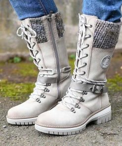 Women’s Warm Lace Up BootsBootsmainimage4Women-s-Winter-Side-pull-Lace-up-Knitted-Mid-tube-Boots-Low-heeled-Round-toe-Boots