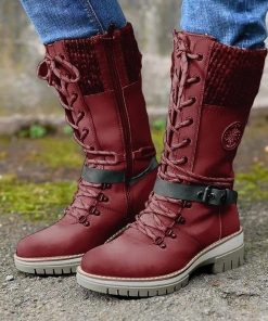 Women’s Warm Lace Up BootsBootsmainimage5Women-s-Winter-Side-pull-Lace-up-Knitted-Mid-tube-Boots-Low-heeled-Round-toe-Boots