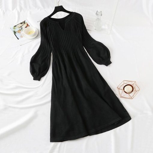 Lantern sleeve V-Neck Elegant Long Dress – Beigevariantimage0Autumn-Winter-Women-Knitted-Sweater-Dress-2021-New-Korean-Lantern-sleeve-V-Neck-Elegant-Long-Dress
