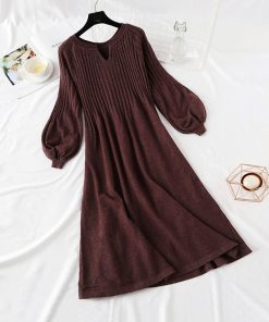 Lantern sleeve V-Neck Elegant Long Dress – Beigevariantimage1Autumn-Winter-Women-Knitted-Sweater-Dress-2021-New-Korean-Lantern-sleeve-V-Neck-Elegant-Long-Dress