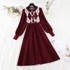 Women’s Patchwork Knitted DressDressesvariantimage3Autumn-Winter-Women-Patchwork-Knitted-Dress-O-Neck-Long-Sleeve-A-line-Dress-Single-breasted-Sweater