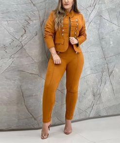 Long Sleeve Double Breasted Blazer & Long Casual PantsDresses2021-Work-Wear-Two-Piece-Suit-Se-2