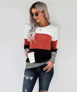 Stitching Color Long Sleeve ShirtTopsAutumn-And-Winter-Woman-Knitted