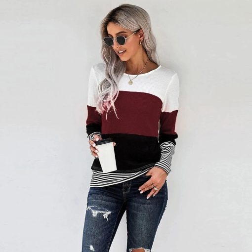 Stitching Color Long Sleeve ShirtTopsAutumn-And-Winters-Woman-Knitted