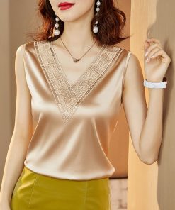 Sleeveless Silk Satin BlouseTopsmainimage02022-Summer-Fashion-Silk-Womens-Blouses-Satin-Tops-Woman-Shirts-Embroidery-Sleeveless-Ladies-Top-V-neck