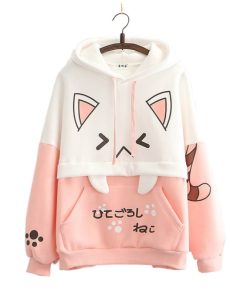 Cute Cartoon Print Sweatshirt-HoodieTopsmainimage0Harajuku-Pink-Hoodies-Cartoon-Cat-Printed-Hooded-Sweet-Sweatshirt-Women-2021-Winter-Thick-Warm-Female-Cute
