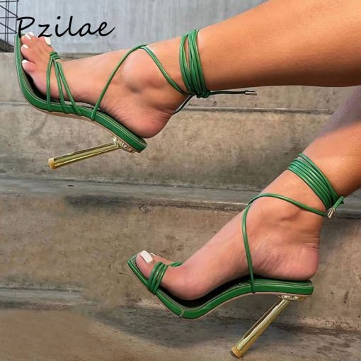 High Heels Square Toe Party SandalShoesmainimage0Pzilae-Summer-Green-White-Women-Sandals-Ankle-Strappy-Metal-Heels-Thong-Sandals-Women-High-Heels-Square