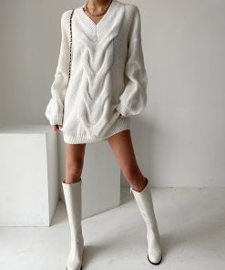 Casual Loose Sweater DressDressesmainimage0Simplee-High-street-v-neck-lantern-sleeves-knitted-dress-women-Casual-loose-sweater-dresses-Female-solid