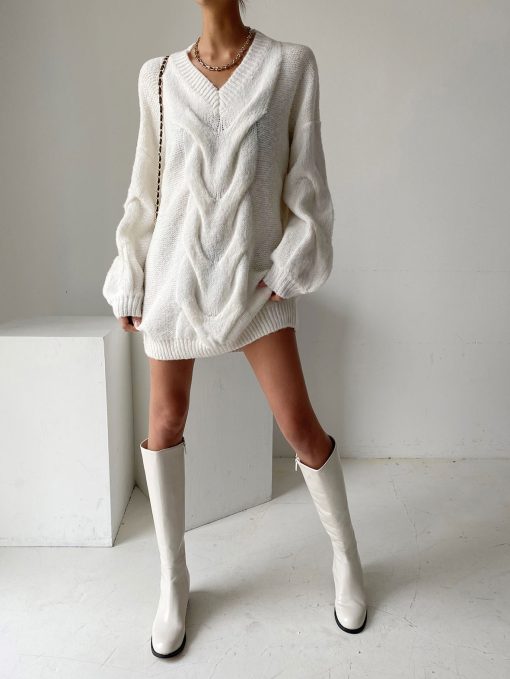 Casual Loose Sweater DressDressesmainimage0Simplee-High-street-v-neck-lantern-sleeves-knitted-dress-women-Casual-loose-sweater-dresses-Female-solid