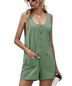 Solid Color Soft Jumpsuit-RomperDressesmainimage0Women-Summer-Solid-Color-Playsuits-Jumpsuits-U-Neck-Sleeveless-Siamese-Trousers-with-Pockets-Buttons-Rompers-Playsuit