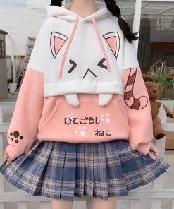 Cute Cartoon Print Sweatshirt-HoodieTopsmainimage1Harajuku-Pink-Hoodies-Cartoon-Cat-Printed-Hooded-Sweet-Sweatshirt-Women-2021-Winter-Thick-Warm-Female-Cute