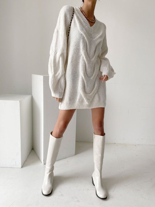 Casual Loose Sweater DressDressesmainimage2Simplee-High-street-v-neck-lantern-sleeves-knitted-dress-women-Casual-loose-sweater-dresses-Female-solid