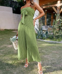 Sexy Strapless Green JumpsuitDressesmainimage2Simplee-Sexy-strapless-green-tube-jumpsuit-summer-women-Holiday-stripes-lace-up-wide-leg-jumpsuits-High