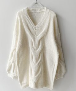 Casual Loose Sweater DressDressesmainimage4Simplee-High-street-v-neck-lantern-sleeves-knitted-dress-women-Casual-loose-sweater-dresses-Female-solid