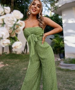 Sexy Strapless Green JumpsuitDressesmainimage4Simplee-Sexy-strapless-green-tube-jumpsuit-summer-women-Holiday-stripes-lace-up-wide-leg-jumpsuits-High