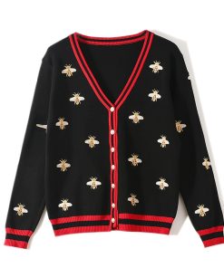 High Quality Bee Cardigan SweaterTopsvariantimage0High-Quality-Fashion-Designer-Bee-Embroidery-Cardigan-Long-Sleeve-Single-Breasted-Contrast-Color-Button-Knitted-Sweaters
