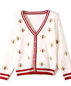 High Quality Bee Cardigan SweaterTopsvariantimage1High-Quality-Fashion-Designer-Bee-Embroidery-Cardigan-Long-Sleeve-Single-Breasted-Contrast-Color-Button-Knitted-Sweaters