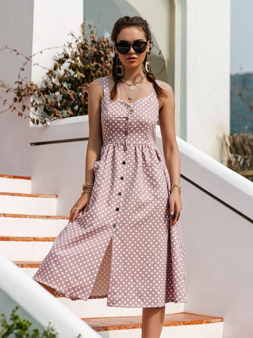 New Fashion Casual Polka Dot DressDressesvariantimage1Simplee-Casual-Polka-Dot-Dress-Sleeveless-Holiday-style-high-waist-buttoned-women-s-Dress-Fashion-Mid