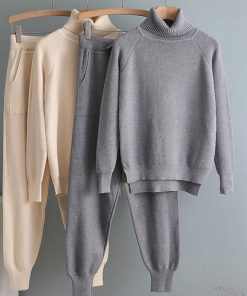 2 Pieces Women Tracksuit Turtleneck Sweater + Carrot Jogging Pant – Grey2021-2-Pieces-Set-Women-Knitted