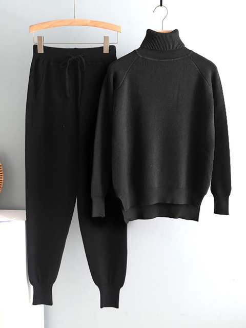 2 Pieces Women Tracksuit Turtleneck Sweater + Carrot Jogging PantBottoms2021-2-Pieces-Settt-Women-Knitted-1