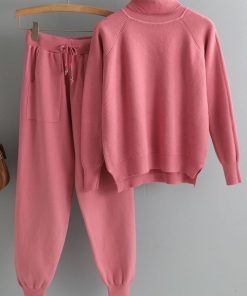 2 Pieces Women Tracksuit Turtleneck Sweater + Carrot Jogging PantBottoms2021-2t-Pieces-Set-Women-Knitted