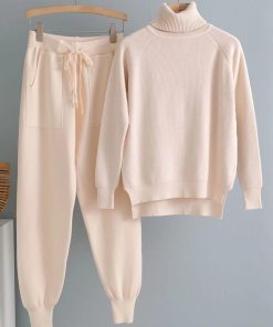 2 Pieces Women Tracksuit Turtleneck Sweater + Carrot Jogging PantBottoms2021-y2-Pieces-Set-Women-Knitted